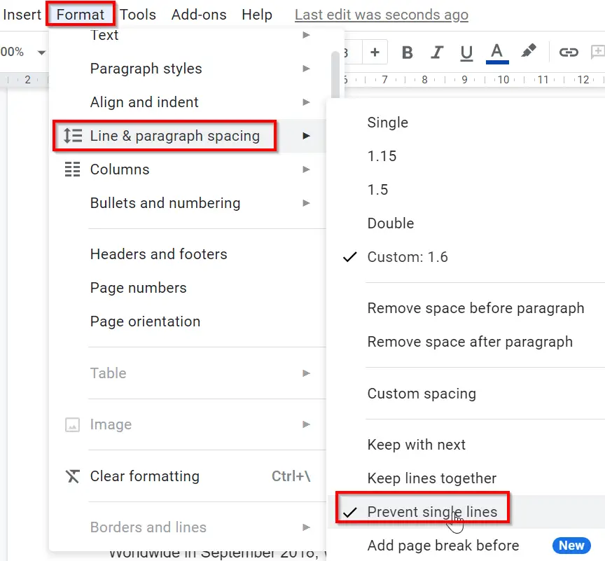 How to turn off widow orphan control in Google Docs