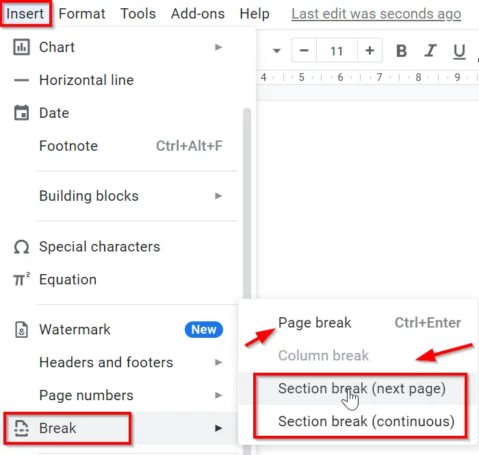 How to insert Section break in Google Docs