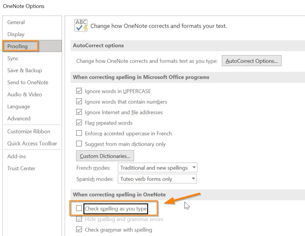 How to disable Spell Check in OneNote
