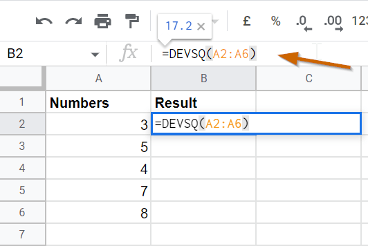 How to use DEVSQ Function in Google Sheets