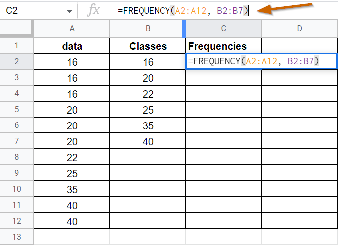 How use frequency function in Google Sheets