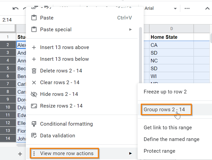 How to group Rows and Columns in Google Sheets