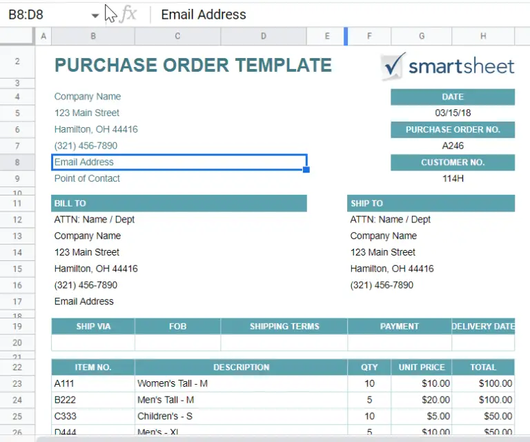 How to create purchase order template in google sheets