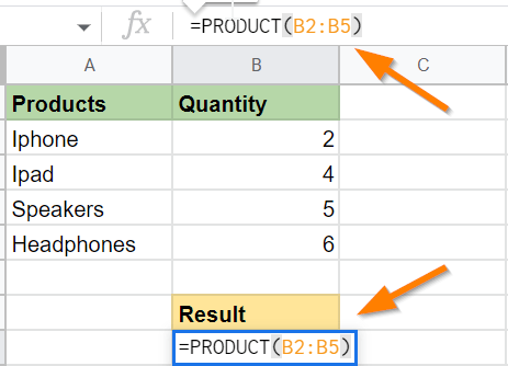 How to use Product function in Google sheets